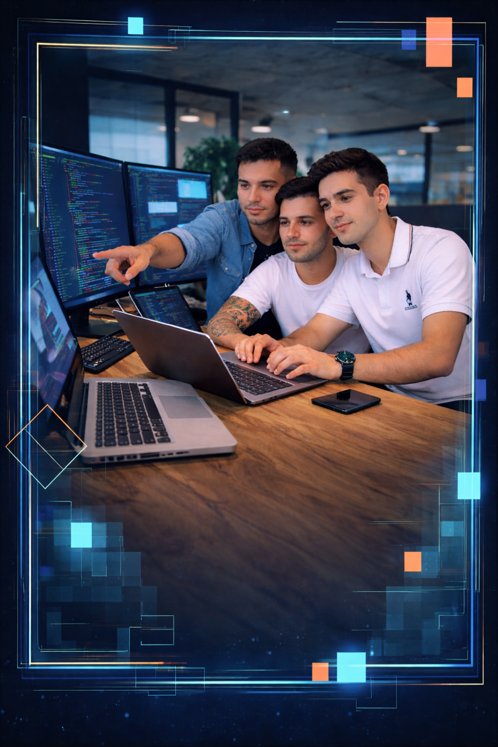 Dos desarrolladores de software colaborando con código en pantallas, equipo CMR Software Solutions